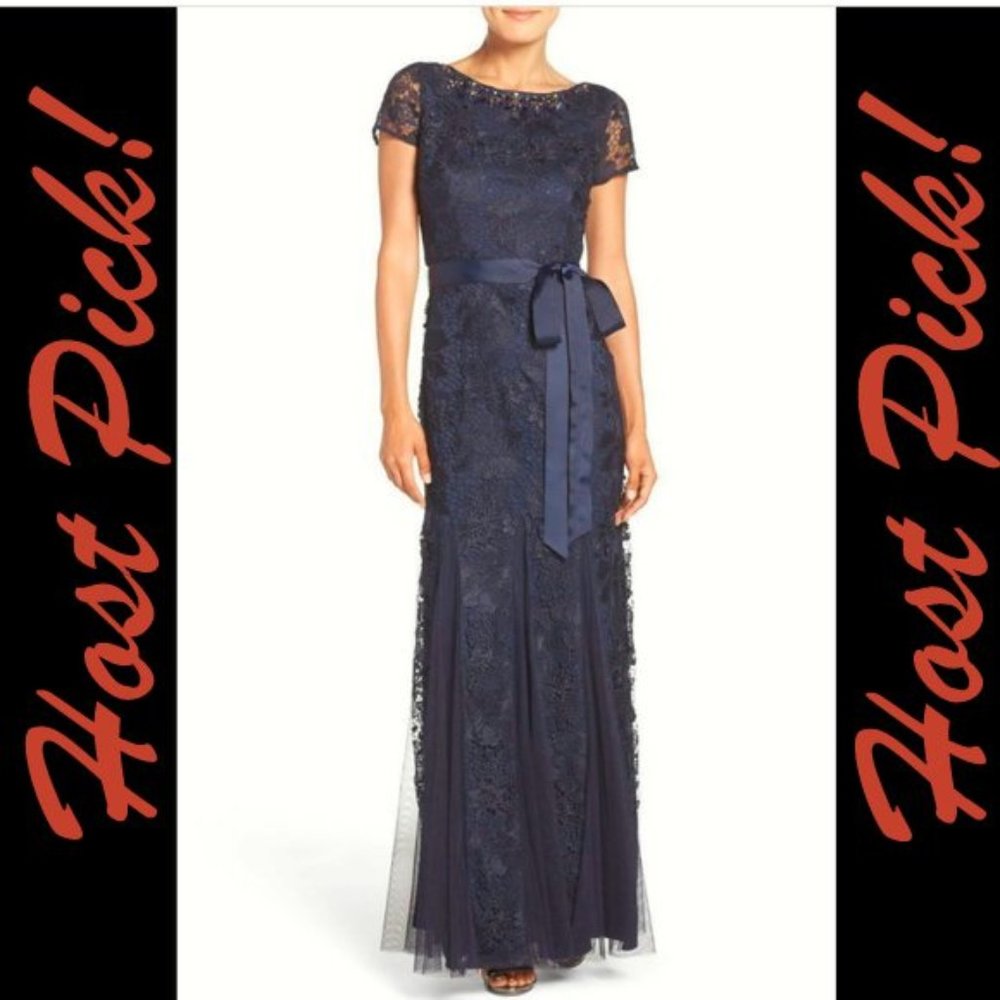 Adrianna Papell NEW Jewel Embellished Lace Gown with Mesh Godet Insets Dress🎉HP